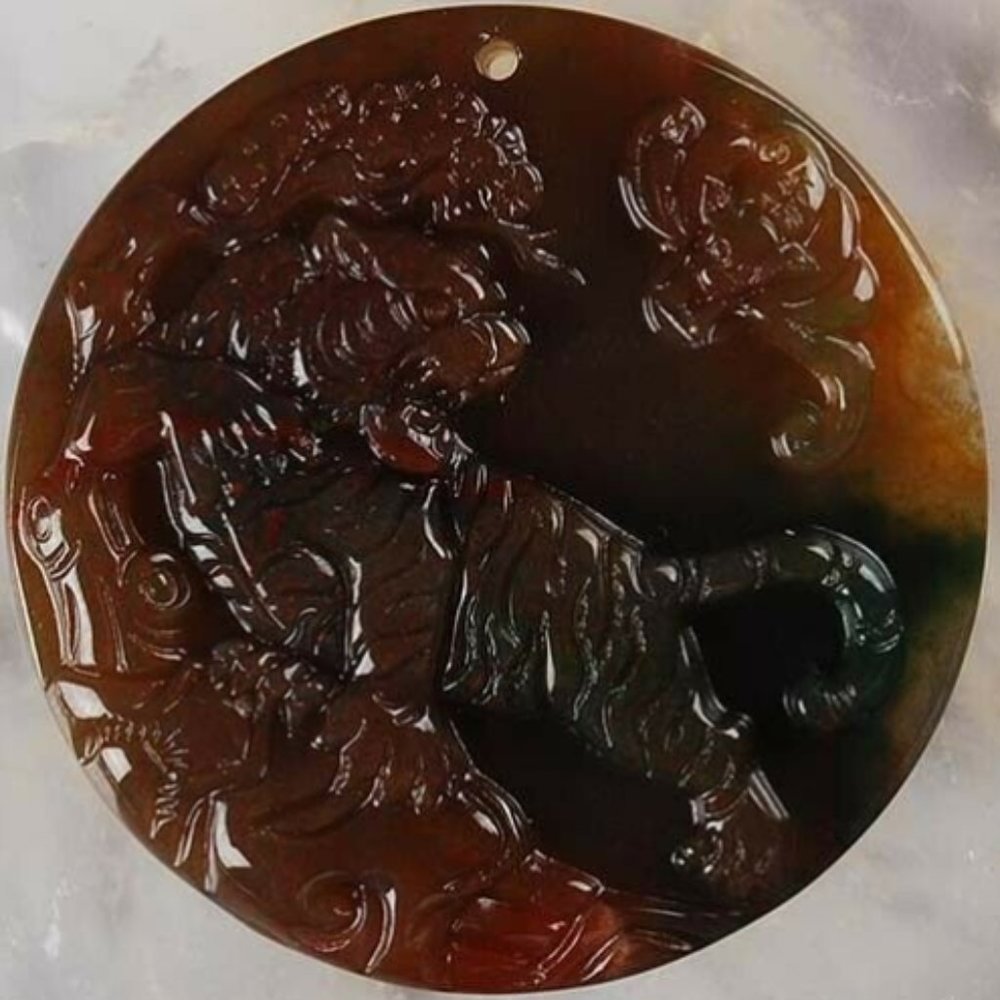 47x9 Indian Agate Carved Tiger Pendant